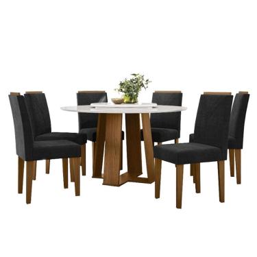 Imagem de Mesa de jantar 135x135 cm com Tampo Giratório Isabela com Vidro Ype Off White e 6 Cadeiras Amanda Ype Veludo Preto - New Ceval