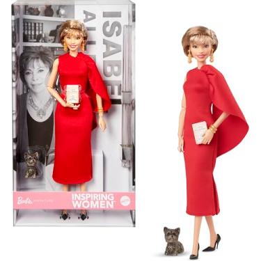 Imagem de Barbie Boneca feminina inspiradora, colecionável Isabel Allende com vestido vermelho com acessório de livro e animal de estimação