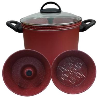 Imagem de Panela Antiaderente Vermelho e Preto 3x1 Espagueteira Pudim Cuscuz Vap