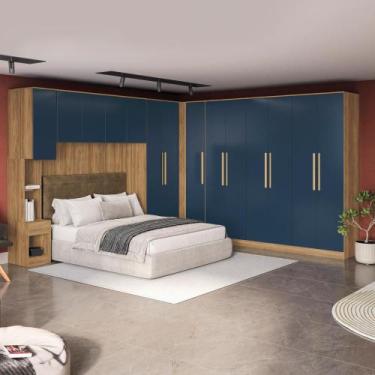 Imagem de Quarto Modular Kappesberg Adapt Nogueira/Azul Profundo 7 Peças 354cm x