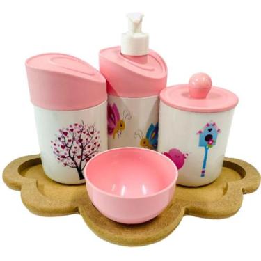 Imagem de Kit Higiene Bebê Jardim Encantado Menina com Bandeja Nuvem MDF - Dóia 