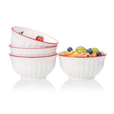 Imagem de CHILDIKE Conjunto de 4 tigelas pequenas de 293 ml, tigelas de sobremesa para crianças, sorvete, cereais, sopa, arroz, frutas, - padrão fofo de morango