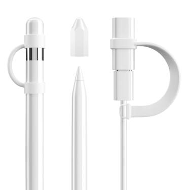 Imagem de DTTO Pacote com 4 acessórios de silicone para Apple Pencil 1ª geração, acessórios de proteção antiperda incluem suporte de tampa de lápis, capa de ponta, cabo adaptador de cabo, branco