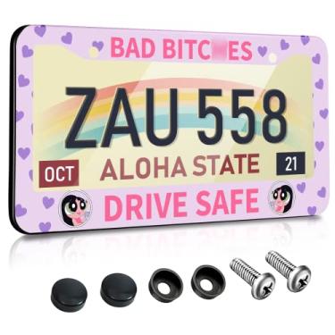 Imagem de Toykee Molduras de placa de carro para mulheres capa de suporte de placa de carro bonito engraçado desenho animado menina moldura de etiqueta de metal aço inoxidável acessórios de carro decoração placa traseira frontal