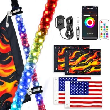 Imagem de Pacote com 2 luzes de motocicleta de 3 m com 4 bandeiras, luz LED com aplicativo e controle remoto, chicote de perseguição RGB de música espiral, luzes lado a lado para motocicletas