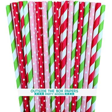 Imagem de Outside the Box Papers Pacote com 100 Canudos de Papel Listrado e Bolinhas Tema Moranguinho, 19 cm, Vermelho, Rosa, Verde Limão, Branco