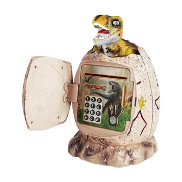 Imagem de Banco de dinheiro de dinossauro para meninos - Caixa de moedas de dinheiro ATM com senha de impressão digital | Banco de moedas com senha 3 em 1, caixa de música Pape com rolagem automática para menin