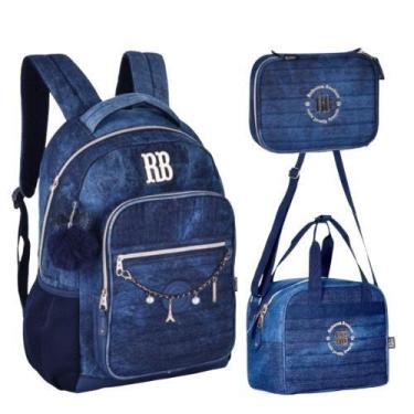 Imagem de Kit Rebecca Bonbon Jeans Mochila Costas Com Estojo Box Grande E Lanche