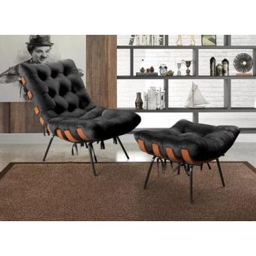 Imagem de Kit Poltrona Costela De Adão Kit E Pufe Base Fixa Em Aço E Madeira -Da