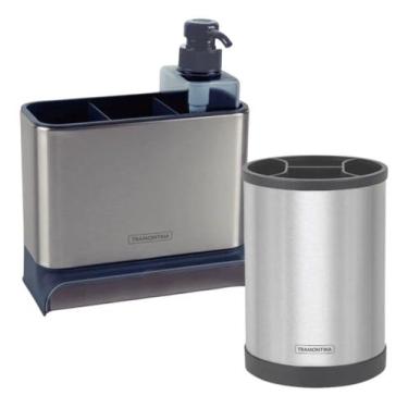 Imagem de Kit Porta Utensílios E Dispenser Sabão Tramontina Inox Cinza Pia de Co