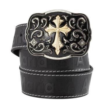 Imagem de Cinto Country Feminino Masculino Ave Maria Couro com Fivela Cruz de Ma