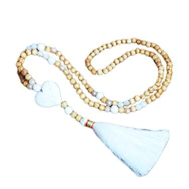 Imagem de COLORFUL BLING Colar boêmio de madeira natural, franja, franja, cordão, feito à mão, étnico, coração, cruz, pingente de contas, para mulheres, suéter, corrente de joias, Long, Metal, Miçangas