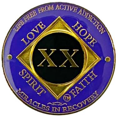 Imagem de NA Medalhão banhado a ouro de 20 anos, moeda de recuperação, token NA, chip de recuperação de narcóticos anônimos, presente de recuperação NA (cores roxa e dourada)