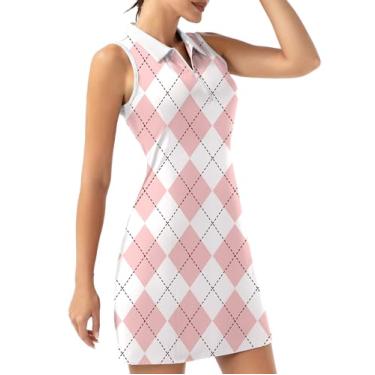 Imagem de FKEEP Vestido esportivo esportivo esportivo de golfe com gola V com shorts e bolso para treino atlético, 18 Xadrez Rosa, P