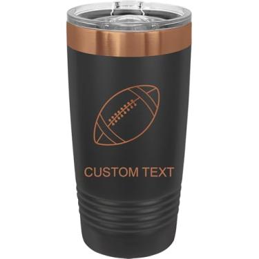 Imagem de Futebol, copo de aço inoxidável personalizado gravado a laser 590 ml café de viagem preto/ouro rosa banhado a íon parede dupla carro viagem caminhão anel caneca personalizável, tampa deslizante