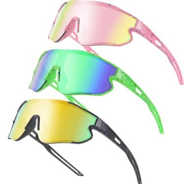 Imagem de Wapreta Pacote com 3 óculos de sol infantis de beisebol juvenil UV400 para meninos e meninas, óculos de corrida e softbol (armação preta + armação rosa + armação verde)