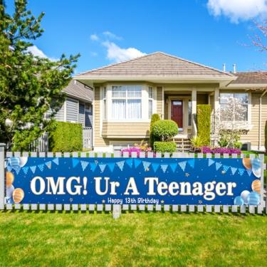 Imagem de Labakita Banner grande OMG Ur A Teenager Yard Banner, 13º aniversário azul, decoração de aniversário de 13 anos, 13 faixas oficiais para adolescentes
