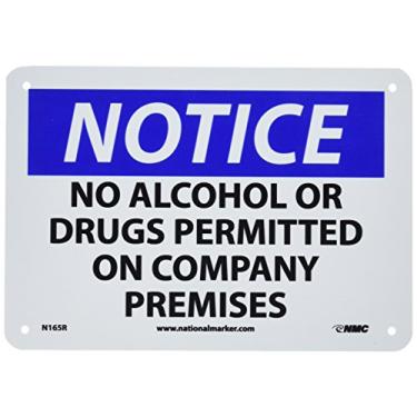 Imagem de NMC Placa N165R OSHA, legenda "AVISO - SEM ÁLCOOL OU DROGAS PERMITIDO NAS INSTALAÇÕES DA COMPANHIA", 25,4 cm de comprimento x 17,8 cm de altura, plástico rígido, preto/azul sobre branco