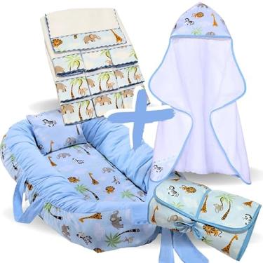 Imagem de Kit Completo Bebê – Toalha de Banho Forrada, Ninho Redutor de Berço, 6 Toalhas de Ombro e Trocador Portátil (Safari Azul)
