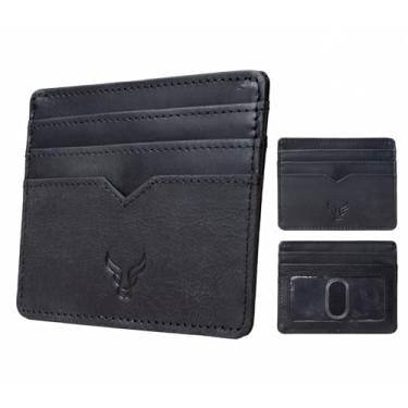 Imagem de Carteiras masculinas de couro real com proteção RFID – carteira dupla fina, porta-cartões minimalista ou caixa de presente multifuncional, Preto, Porta-cartão