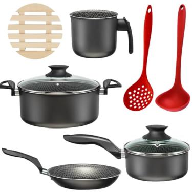 Imagem de Jogo de Panelas 04 Peças Antiaderentes C/Tampas de Vidro + 04 Descansos Redondos + Concha de Silicone Vermelha