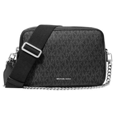 Imagem de Michael Kors Bryant Bolsa transversal média com zíper duplo para câmera, Ferragens prateadas/sarja revestida com assinatura tonal/preta, One Size