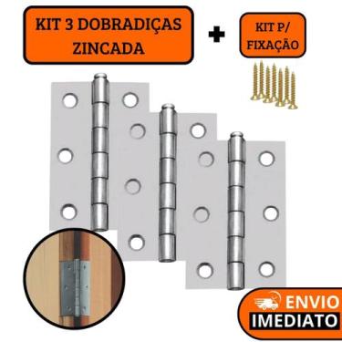 Imagem de Kit 3 Dobradiças Zincada Com Parafuso Para Porta De Madeira 8,9cm - Or
