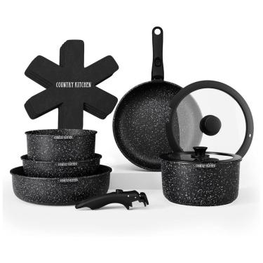 Imagem de Jogo de Panelas e Frigideiras, Material em Alumínio com 16 Peças e Cabo Removível, Country Kitchen, Preto
