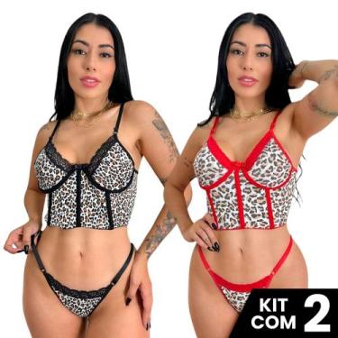 Imagem de Kit 2 Conjuntos Calcinha e Sutiã  Cropped Estampa Oncinha Sexy Sedutor