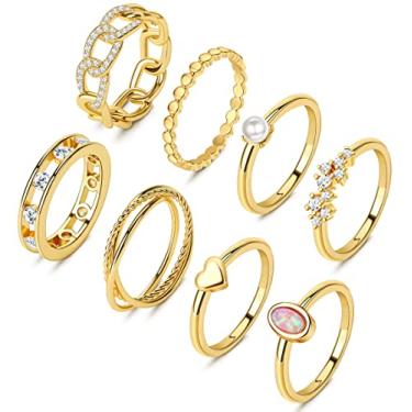 Imagem de MJust 8 peças de anéis de ouro 14K para mulheres - Anéis de banda tripla Danity empilháveis para mulheres anéis de ouro sem manchas opala coração CZ moda empilhável conjunto de anéis tamanho 5-10, 7, Cobre, Zircônia cúbica