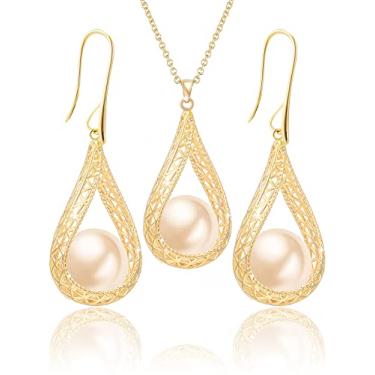 Imagem de Qinpan Conjunto de brincos e colar com pingente grande de pérola grande para mulheres, feito à mão, hipoalergênico, banhado a ouro 14K, 61.5mm, Ouro amarelo, Pérola sintética