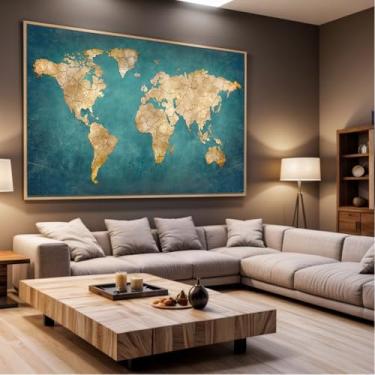 Imagem de Quadro Decorativo com Moldura Sala 130x90 Mapa Mundi Verde Luxo Grande Horizontal