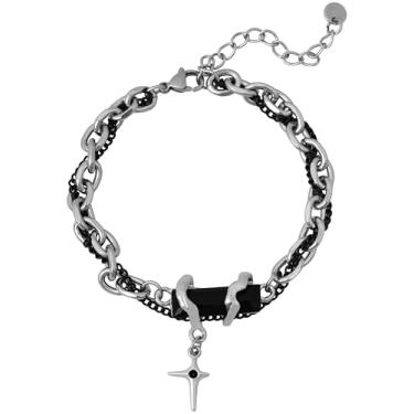 Imagem de HAQUIL Pulseira gótica de corrente dupla com pingente de estrela, pulseira com berloque para homens e mulheres, punk, hip hop, hip hop, rock, pulseira de elos ajustáveis, Medium, Liga de aço, Sem