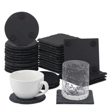 Imagem de Pacote com 30 porta-copos de ardósia de 10 cm, porta-copos de pedra preta com fundo antiarranhões, ideal para decoração de casa, bar, presentes de inauguração de casa e gravação a laser KUKLIPJIM