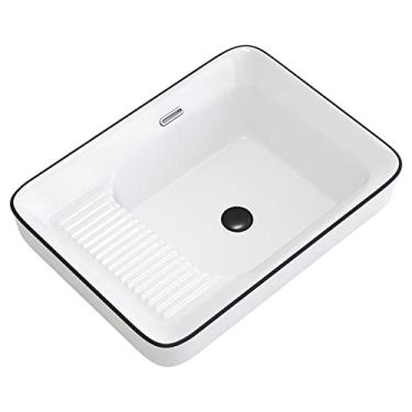 Imagem de Pia de banheiro de cerâmica branca, 55 x 16 cm, pia de vaso de porcelana acima do balcão com conjunto de lavatório e ralo pop-up, pia de banheiro retangular pequena de cerâmica
