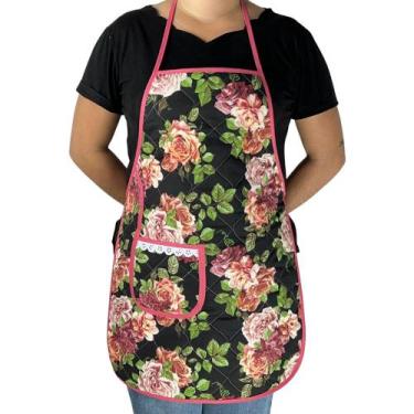 Imagem de Avental De Cozinha Forro Tecido Rose Preto - Recanto da Costura