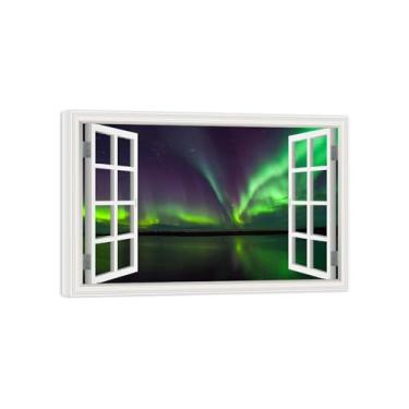 Imagem de Imagem de arte de parede de paisagem com vista de janela - verde aurora céu estrelado lago - pintura da natureza em tela - impressões em tela moderna pronta para pendurar tela emoldurada