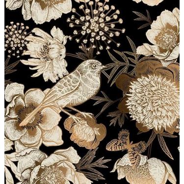 Imagem de ReWallpaper Papel de parede vintage preto e dourado floral descasque e cole papel de parede de pássaro para banheiro 40 cm × 23 pés papel de contato autoadesivo de flores para paredes de cozinha