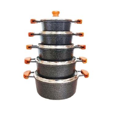 Imagem de Jogo 5 Panelas Alumínio Batido Fundido Preta Craqueada Tampa De Vidro