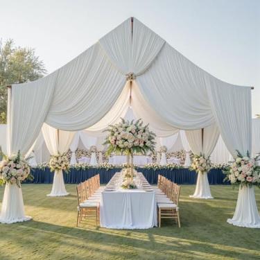 Imagem de Cortina de teto marfim de 15,2 m x 12,2 m para festas de casamento – 10 painéis sem rugas para barraca longa de 10 metros para casamento, aniversário e festas temáticas, altura de 12 m com bolso para