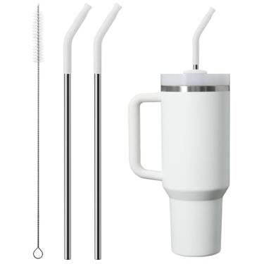 Imagem de Bluwing Canudo de metal com ponta de silicone para copo Stanley de 1,134 g, 2 peças de substituição de canudos de aço inoxidável para Stanley Copo de viagem Adventure Quencher de 1,134 g, 1 pincel de