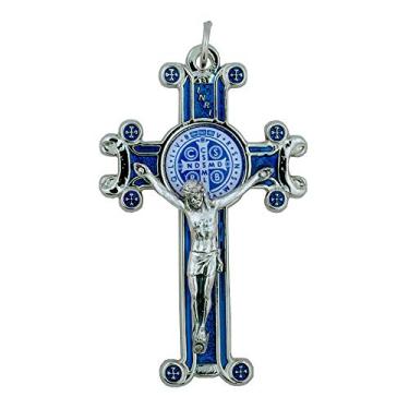 Imagem de Cruz de crucifixo peitoral de São Bento de 7,6 cm | Azul ou verde | Vem com folheto informativo de São Bento | Lindo metal prateado brilhante | Joias cristãs, Metal