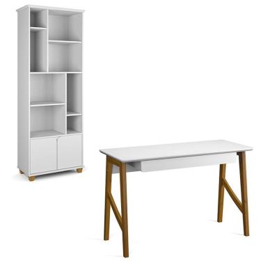 Imagem de Conjunto De Escrivaninha Com 1 Gaveta E Livreiro Taurus Branco Branco