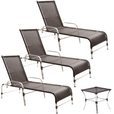 Imagem de 3 Espreguiçadeiras Catar Com Mesa Garden Para Piscina Trama Tabaco