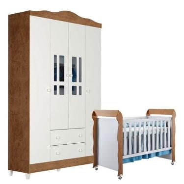 Imagem de Berço Americano Mirelle E Guarda Roupa Ariel 4 Portas Branco Acetinado Amadeirado - Carolina