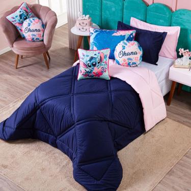 Imagem de Kit Edredom Stich Azul Marinho/rosa Com Almofadas Casal 07 Peças - Dupla Face Percal 300 Fios 100% Algodão Original