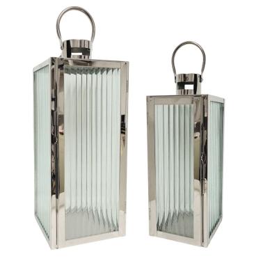 Imagem de Jogo 2 Lanternas Decorativa Inox e Vidro Canelado Luxo 49cm e 38cm - Mabruk