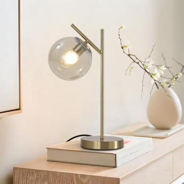 Imagem de Fulesi Luminária De Mesa Moderna Meados Do Século, Globo Dourado, Cabeceira Com Abajur Vidro Conhaque, Metal E Latão Para Quarto, Sala Estar Estudo