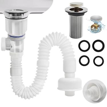 Imagem de RuQiankun Kit De Tubo Drenagem Para Pia Banheiro, Banheiro Com Filtro, Cesto Coletor Cabelo E Rolha Pop-Up, Sifão P Flexível, Adequado Ralos 1-1/4'' 1-1/2''