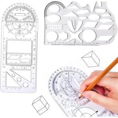 Imagem de EasyDaa Régua geométrica multifuncional, 2 peças de ferramentas de medição de molde de desenho geométrico, régua de desenho matemática, réguas de rascunho para estudante, material de escritório